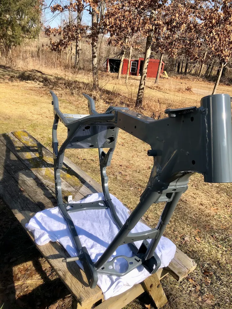 Motorcycle frame powder-coated in gunmetal grey
